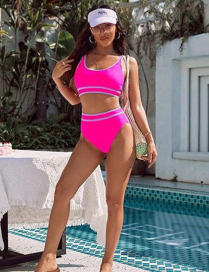 Women's High Waisted Bikini Sets Sporty Two Piece Swimsuits Color Block Cheeky High Cut Bathing Suits - Seldom Seen Styles