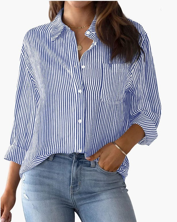 AISEW Womens Button Down Shirts Striped Classic Long Sleeve Collared Office Work Blouses Tops with Pocket