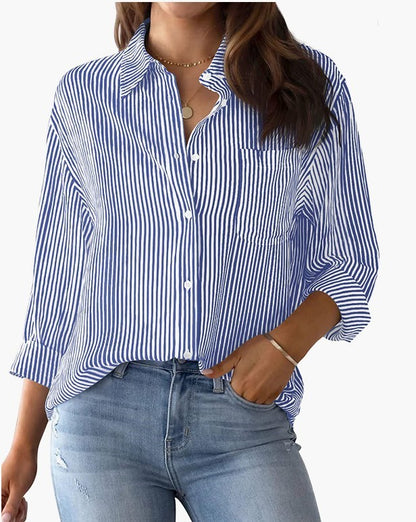 Womens Button Down Shirts Striped Classic Long Sleeve Collared Office Work Blouses Tops with Pocket