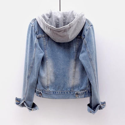 Women's Casual Denim Jacket, Long-sleeved Hooded Short Denim Coat with a detachable hood, suitable for spring and autumn as well as any occasion.