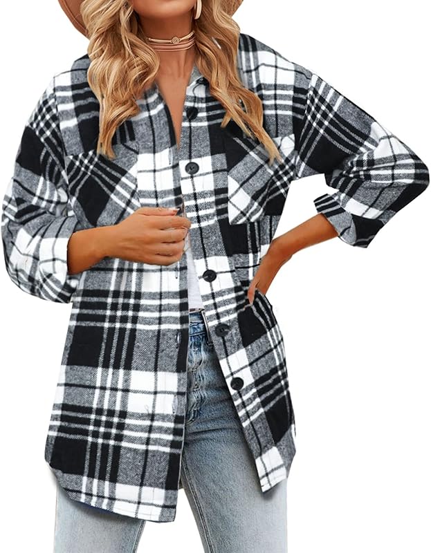 BTFBM Women Long Sleeve Button Down Jackets Plaid Flannel Shirts Tops Casual Lapel V Neck Oversized Shackets Blouses Top