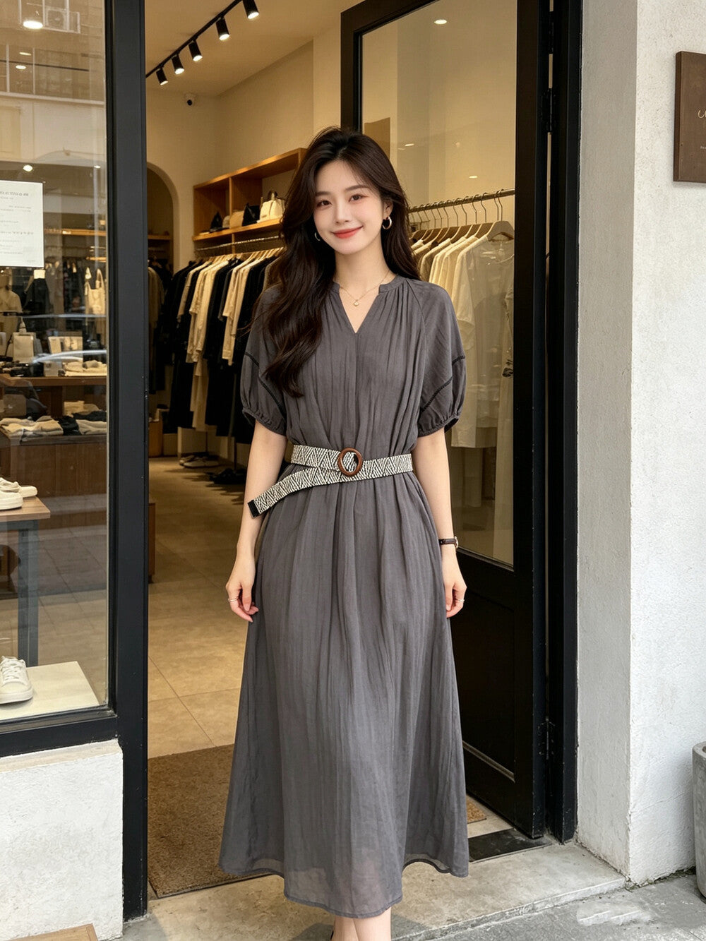 V-Neck Puff Sleeve Loose Flowy Maxi Dress with Woven Belt Included Crinkle Texture Elegant Casual Summer Dress White Dark Grey - Seldom Seen Styles