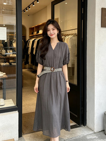 V-Neck Puff Sleeve Loose Flowy Maxi Dress with Woven Belt Included Crinkle Texture Elegant Casual Summer Dress White Dark Grey