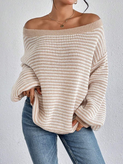 Women's Striped Drop Shoulder Sweater, Y2k Casual Bishop Sleeve Boat Neck Jumper Tops for Daily Outdoor Wear Back To School, Sweaters for Women, Ladies Knitwear for Fall, Fall Outfits, Fallfreshness, Preppy 80s Clothes
