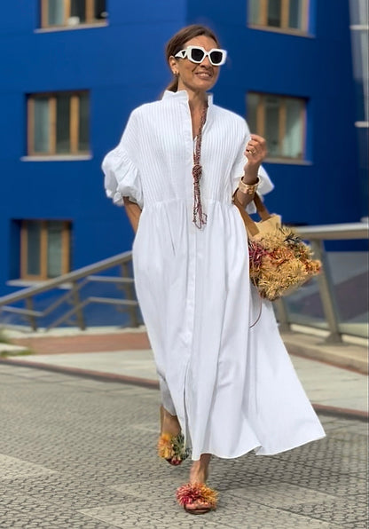 Women's White Maxi Dress Button Up Puff Sleeve Loose Fit Casual Summer Shirt Dress