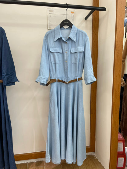 Women's Denim Short Sleeve Lapel Collar Gold Button Belted A-Line Maxi Dress Dual Chest Pockets with Free Braided Belt Dark Blue Light Blue S M Cotton Candy 288563