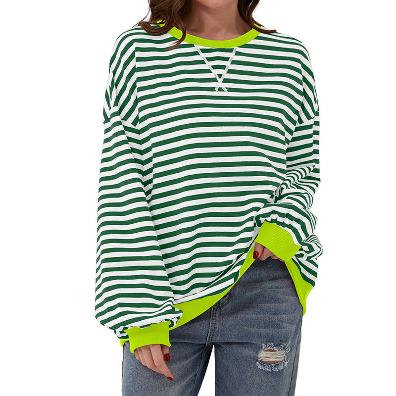 Womens Striped Oversized Sweatshirt Color Block Crew Neck Long Sleeve Casual Loose Pullover Top Y2K Clothes