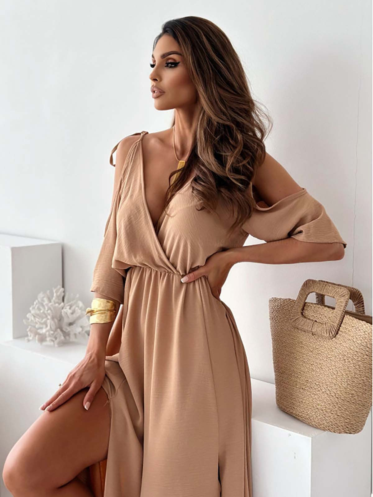 off the shoulder maxi dress long modest dress Mid-Length Dress with Five-Quarter Sleeves