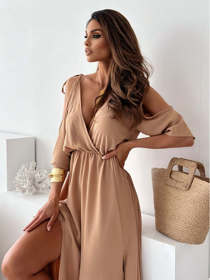 off the shoulder maxi dress long modest dress Mid-Length Dress with Five-Quarter Sleeves