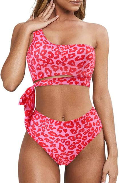 Women One Shoulder High Waisted Bikini Tie High Cut Two Piece Swimsuits - Seldom Seen Styles