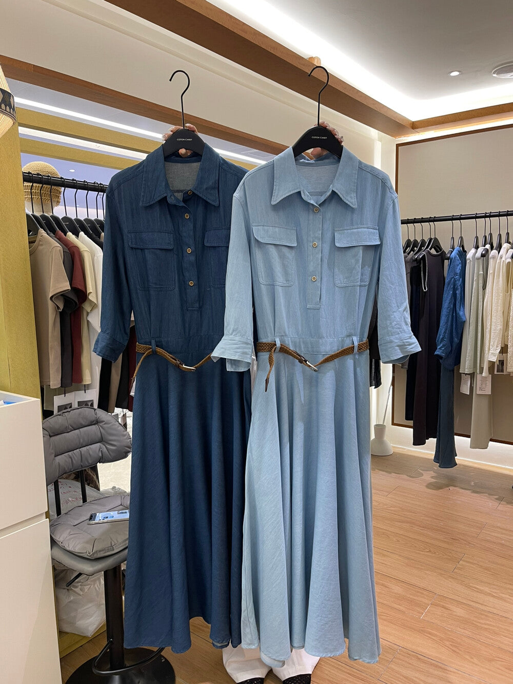 Women's Denim Short Sleeve Lapel Collar Gold Button Belted A-Line Maxi Dress Dual Chest Pockets with Free Braided Belt Dark Blue Light Blue S M Cotton Candy 288563 - Seldom Seen Styles