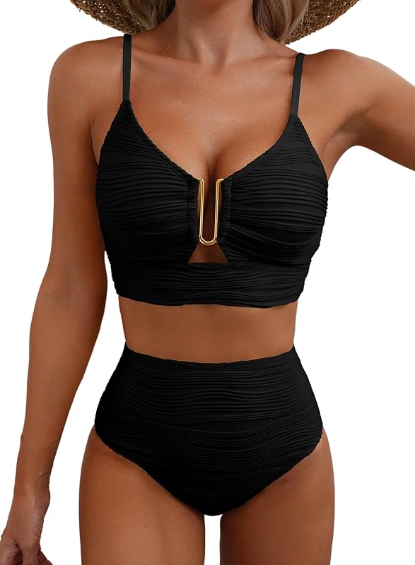 2 Piece Bikini Set V Neck Cutout Swimsuit High Waisted Textured Ruched 2025 Summer Beach Swim Bathing Suits - Seldom Seen Styles