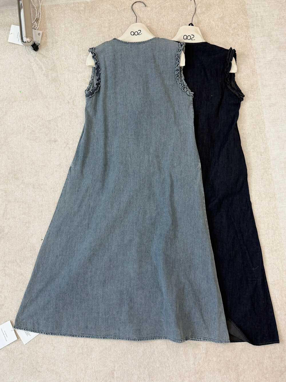 Women's Denim Fake Two-Piece Sleeveless U-Neck A-Line Midi Dress Ruffle Shoulder Detail with Free Mini Bag Dark Navy Blue Grey One Size - Seldom Seen Styles