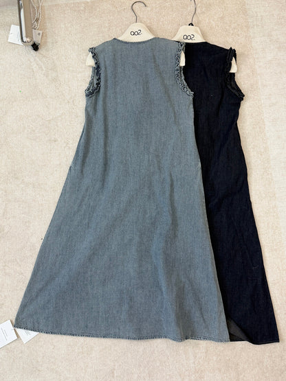 Women's Denim Fake Two-Piece Sleeveless U-Neck A-Line Midi Dress Ruffle Shoulder Detail with Free Mini Bag Dark Navy Blue Grey One Size