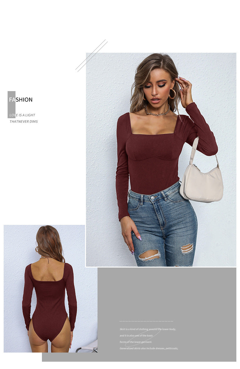 Women's Long Sleeve Bodysuit Shapewear Top Square Neck Bodysuit Halloween One Piece Basic Backless