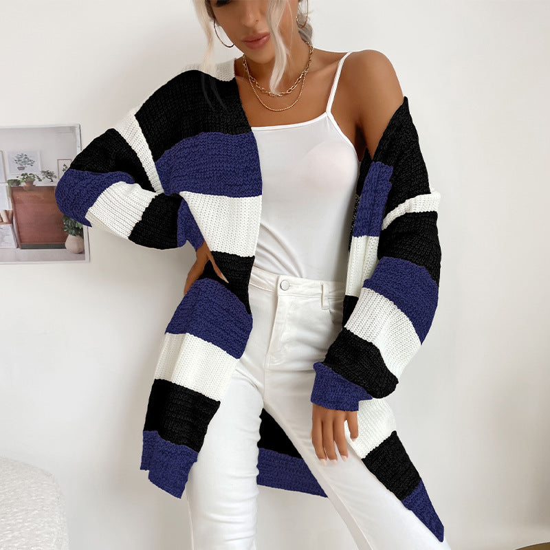 Independent Station Cross-Border E-Commerce Exclusively for Foreign Trade Autumn and Winter Hot Products European and American Women's Clothing Long Non-Button Colorblock Sweater Coat