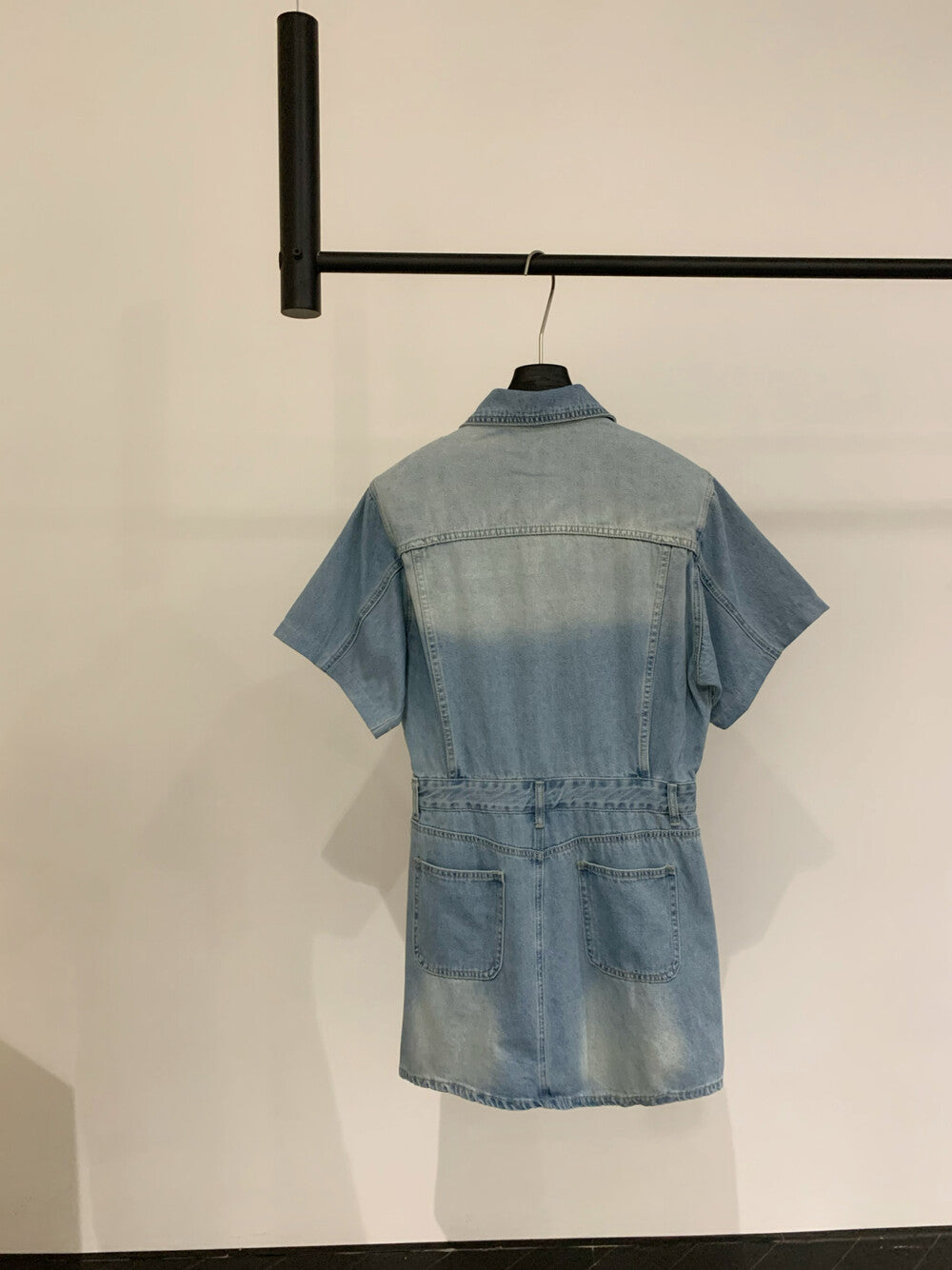 Women's Light Blue Washed Denim Short Sleeve Lapel Collar Silver Button Mini Dress Waist Cinching Dual Chest Pockets Side Pockets S M - Seldom Seen Styles