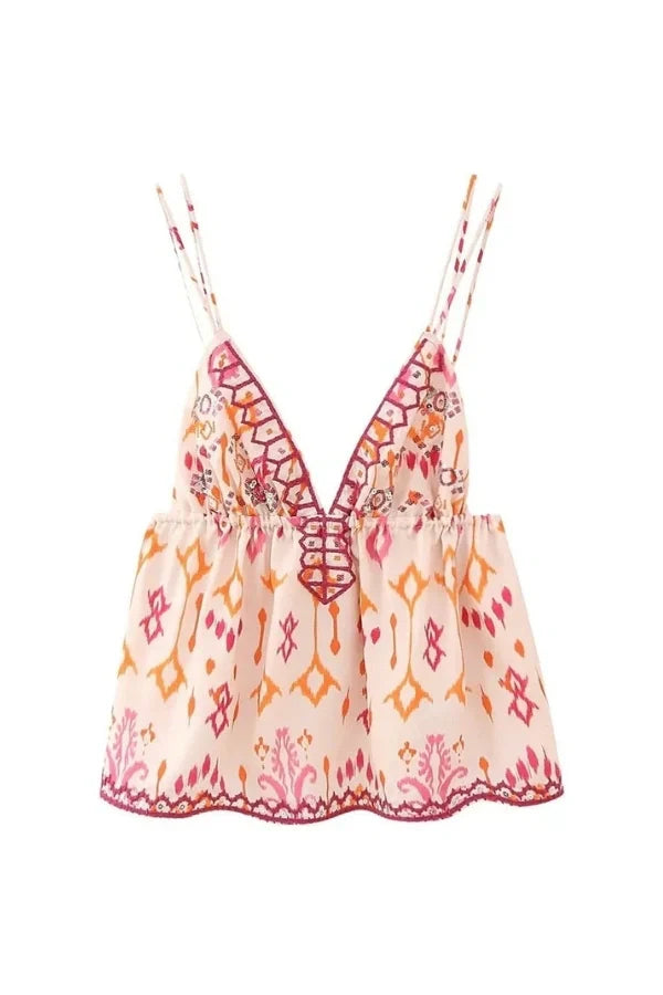 Women's Boho Embroidered Cami Top Deep V Flowy Summer Tank - Seldom Seen Styles