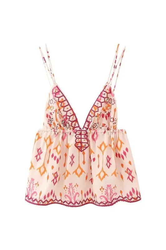 Women's Boho Embroidered Cami Top Deep V Flowy Summer Tank - Seldom Seen Styles