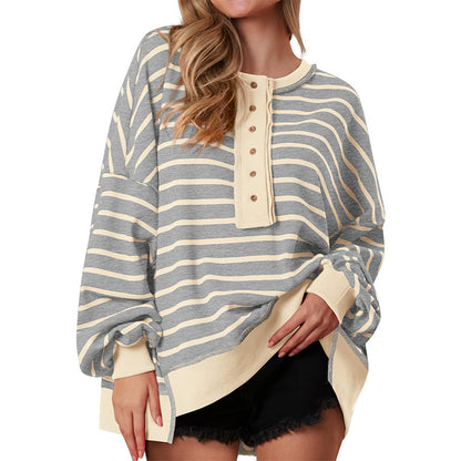 Bela – Sweat-shirts amples rayés pour femmes, hauts Henley, pulls décontractés à blocs de couleurs, hauts en tricot gaufré