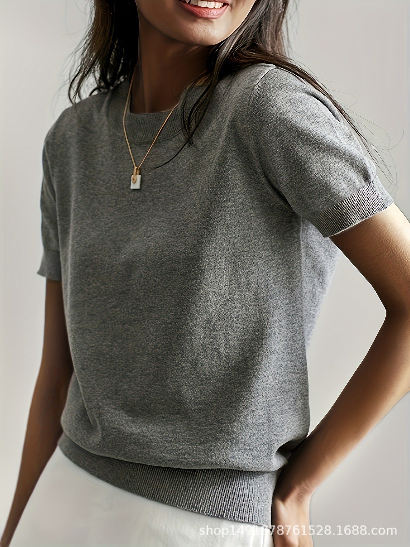 Women's Solid Color Crew Neck Short Sleeve Sweater, Chic Casual Basic Knit Pullover for Spring & Fall, Fashion Women's Knitwear for Daily Wear, Womenswear - Seldom Seen Styles