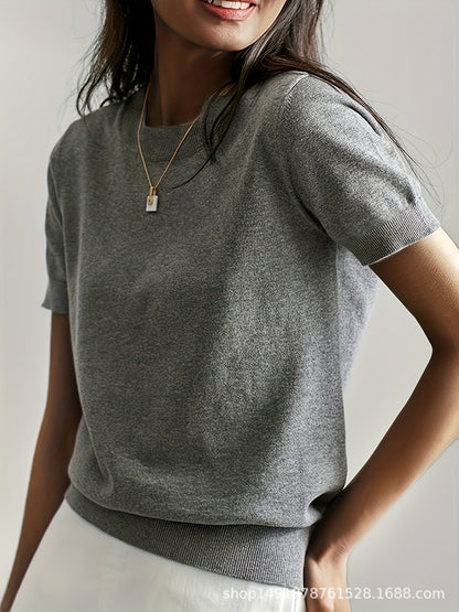 Women's Solid Color Crew Neck Short Sleeve Sweater, Chic Casual Basic Knit Pullover for Spring & Fall, Fashion Women's Knitwear for Daily Wear, Womenswear