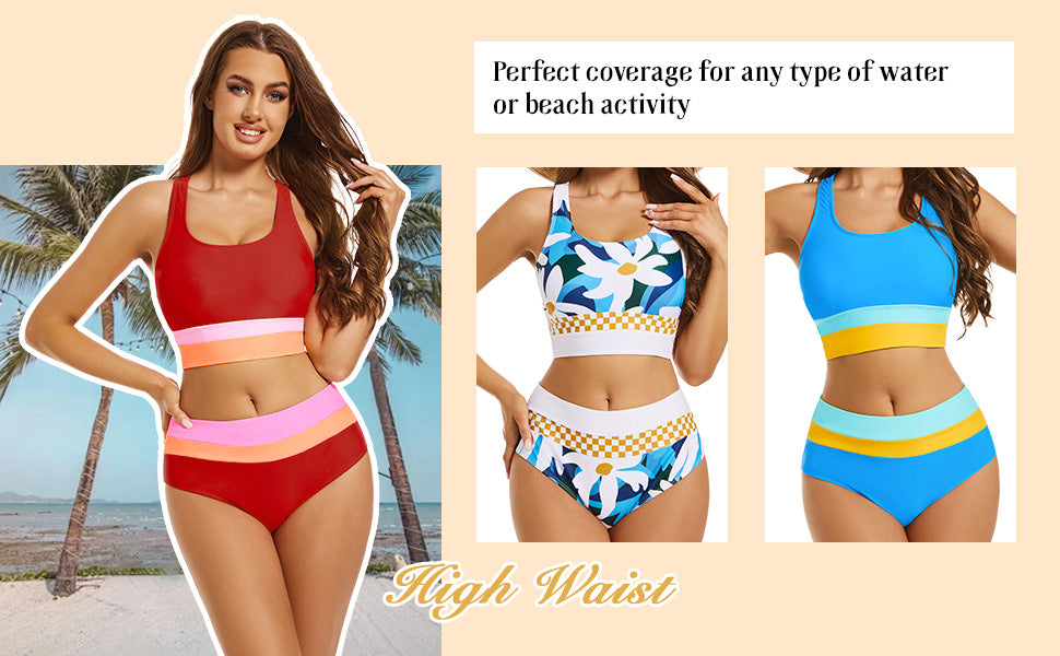 2 Piece Swimsuit for Women 2024 High-Waisted Color Block Bathing Suits Modest Sporty Bikinis Set - Seldom Seen Styles