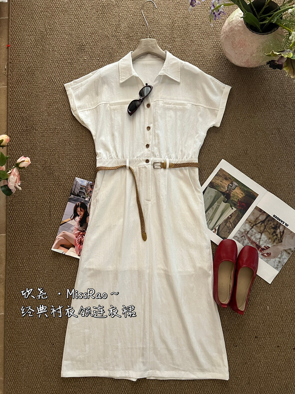 French Style Collared Short Sleeve Shirt Dress A-Line Midi Dress with Woven Belt Included White Black Khaki - Seldom Seen Styles