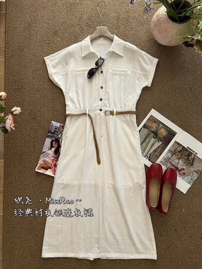 French Style Collared Short Sleeve Shirt Dress A-Line Midi Dress with Woven Belt Included White Black Khaki
