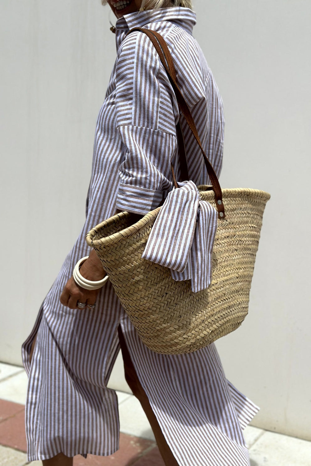 Faith Cotton Linen Feel Striped Shirt Dress Oversized Midi with Slit - Seldom Seen Styles