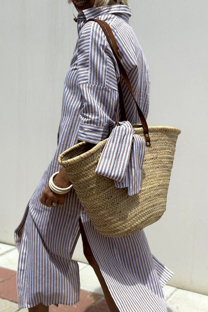 Faith Cotton Linen Feel Striped Shirt Dress Oversized Midi with Slit