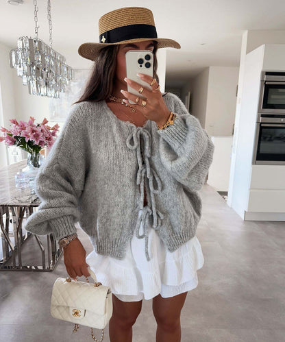 round Neck Tied Knitted Cardigan Jacket Autumn  Winter New Solid Color Commute Simple Sweater Women