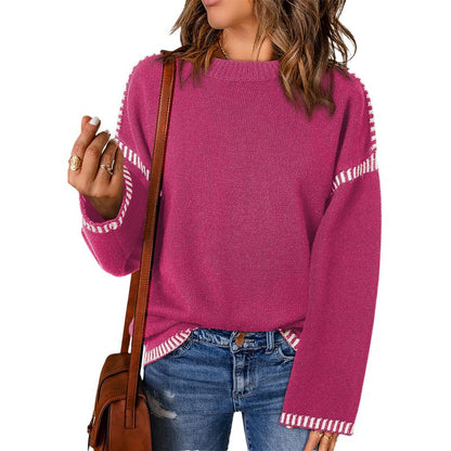 Sweaters for Women Fashion Solid Crewneck Loose Fit Long Sleeve Contrast Cable Knit Pullover Sweater Jumper Tops Knitwear Womenswear Knitwear Womenswear