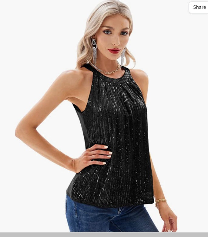 Sequin Halter Tops for Women Sleeveless Sparkly Shiny Tank Tops Ruched Flowy Sparkly Club Outfits Party Shirt