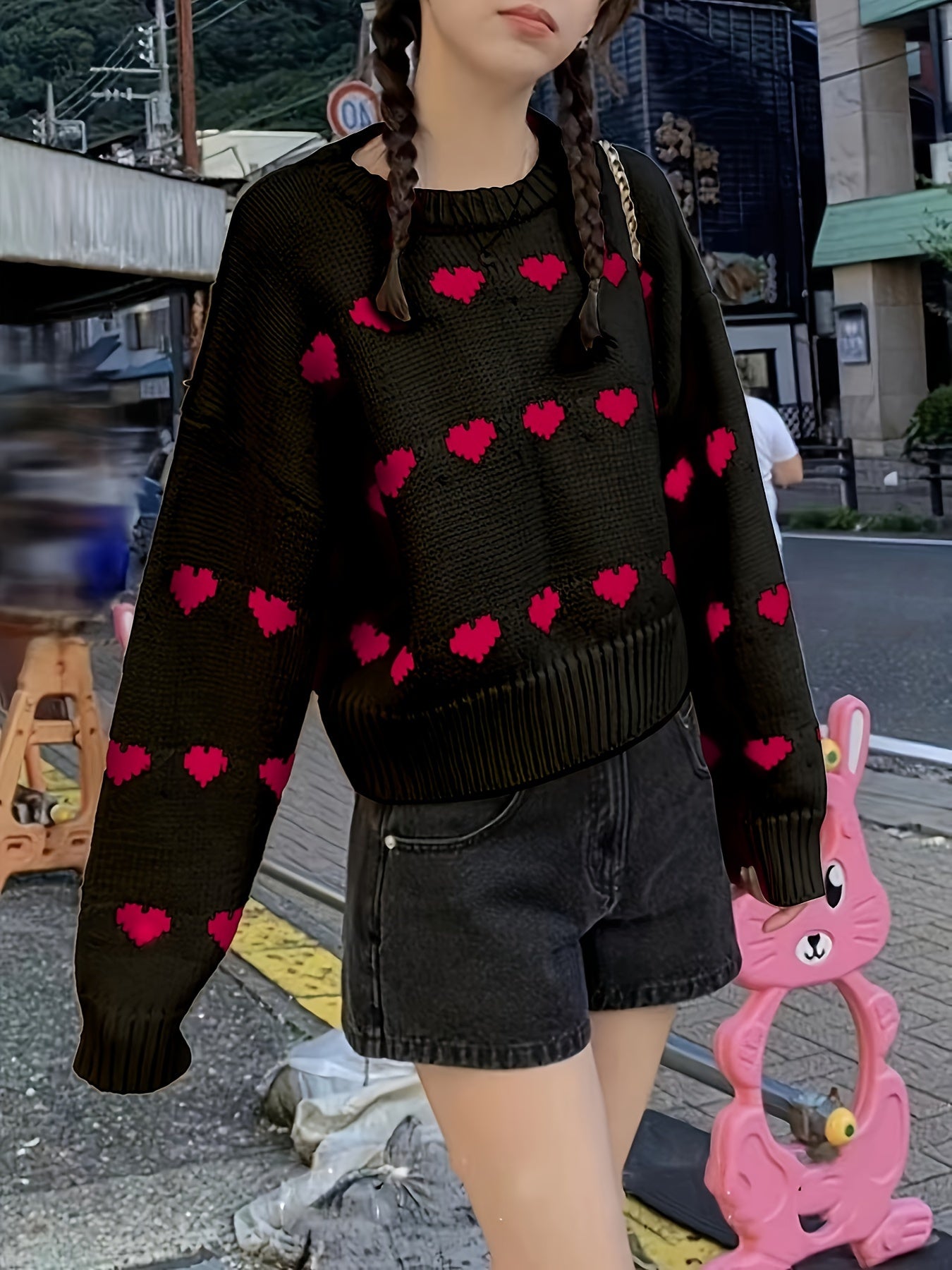 Heart Pattern Crew Neck Pullover Sweater, Valentine's Day Long Sleeve Drop Shoulder Sweater, Women's Clothing