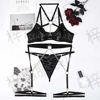 Women's Exotic Lingerie Sets Sexy Strappy Leather Rave Outfits Babydoll Garter with Underwire Push Up Bra and Chains