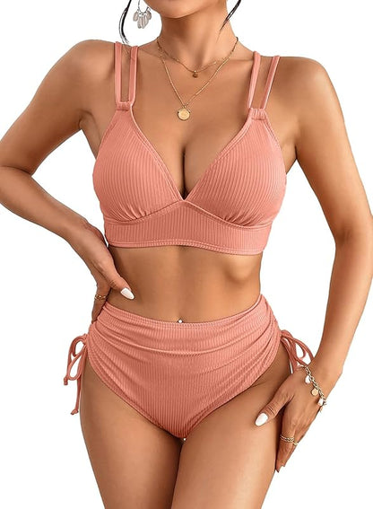 Women's Bikini Sets Two Piece Swimsuit V Neck High Waisted Ruched Tummy Control 2025 Summer Bathing Suit - Seldom Seen Styles