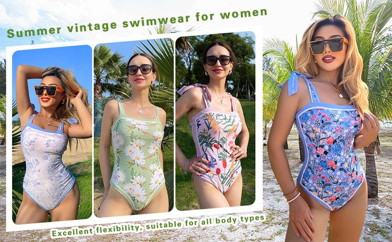 Women's One Piece Swimsuit Square Neck Double Side Print Reversible Tie Shoulder Summer Vintage Swimsuit - Seldom Seen Styles