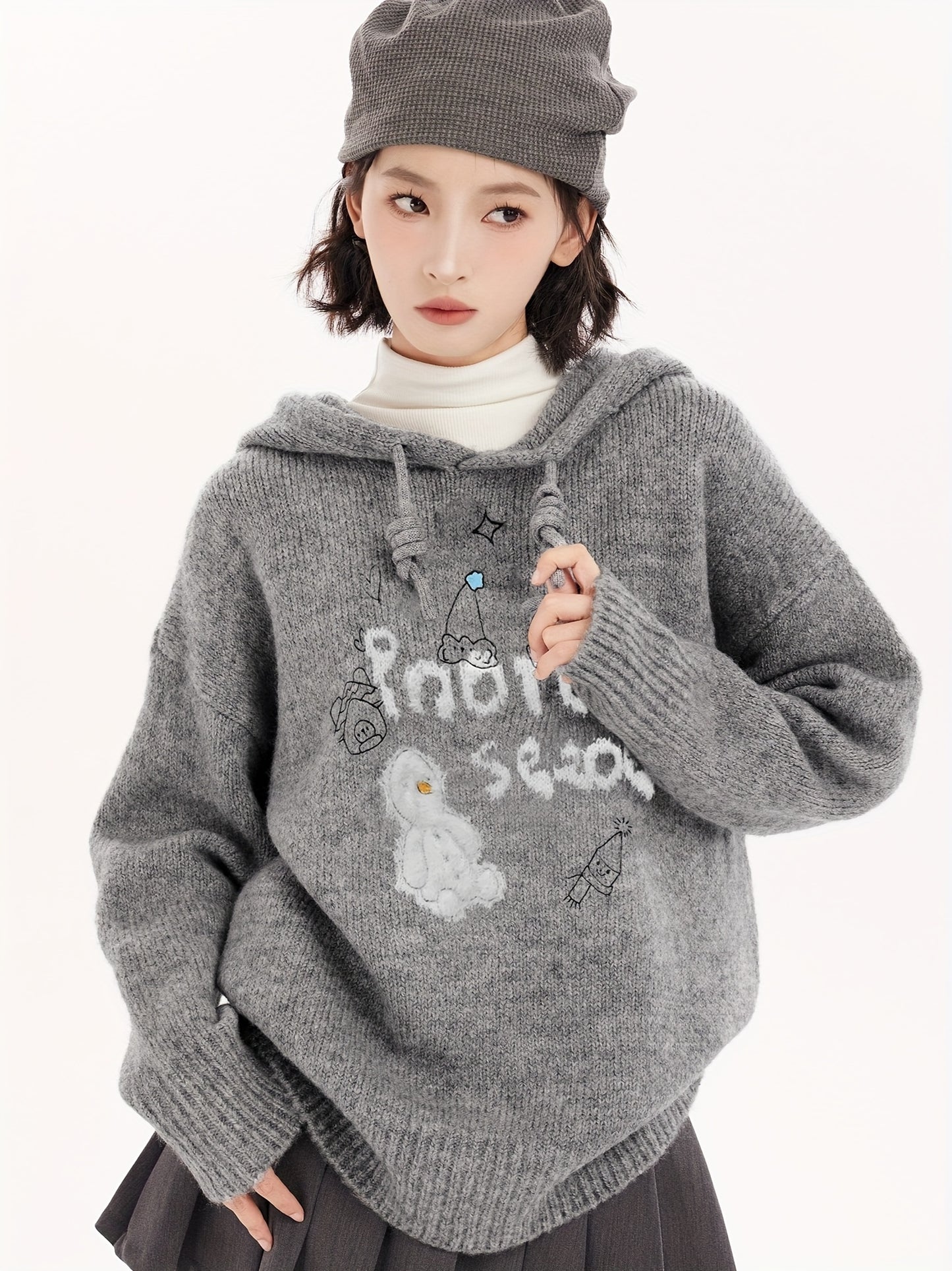 Cozy Gray Hooded Knit Sweater For Women - Cute Cartoon Design, Thick & Warm Pullover For Fall/Winter