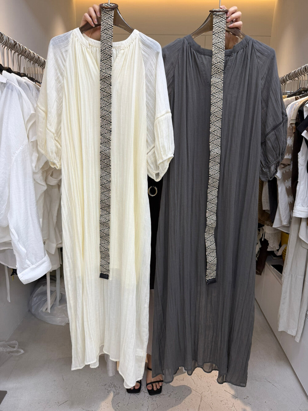 V-Neck Puff Sleeve Loose Flowy Maxi Dress with Woven Belt Included Crinkle Texture Elegant Casual Summer Dress White Dark Grey - Seldom Seen Styles