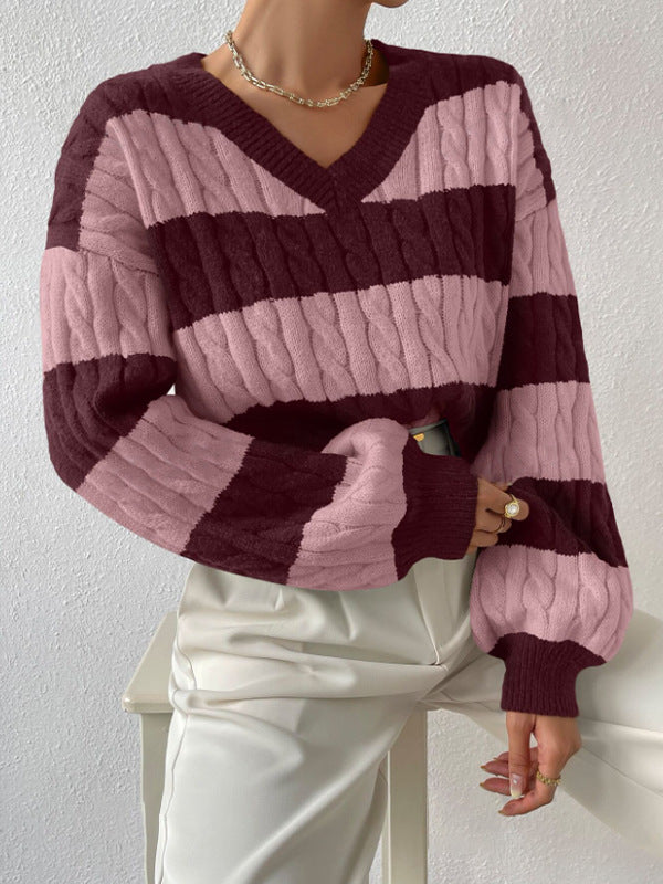 Autumn and Winter Lazy Style New Knitwear Loose Fashion Cross-Border Foreign Trade Women's ClothingVCollar Retro Contrast Color Striped Sweater