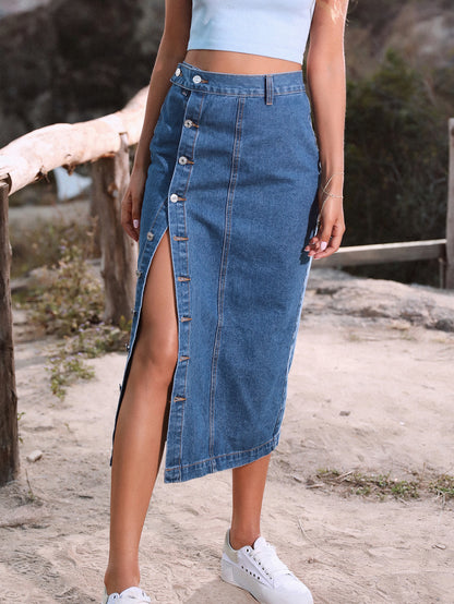 Women's  Button Front Denim Skirt, Casual Fashion  Skirt for Daily Wear, Ladies Bottoms for All Seasons