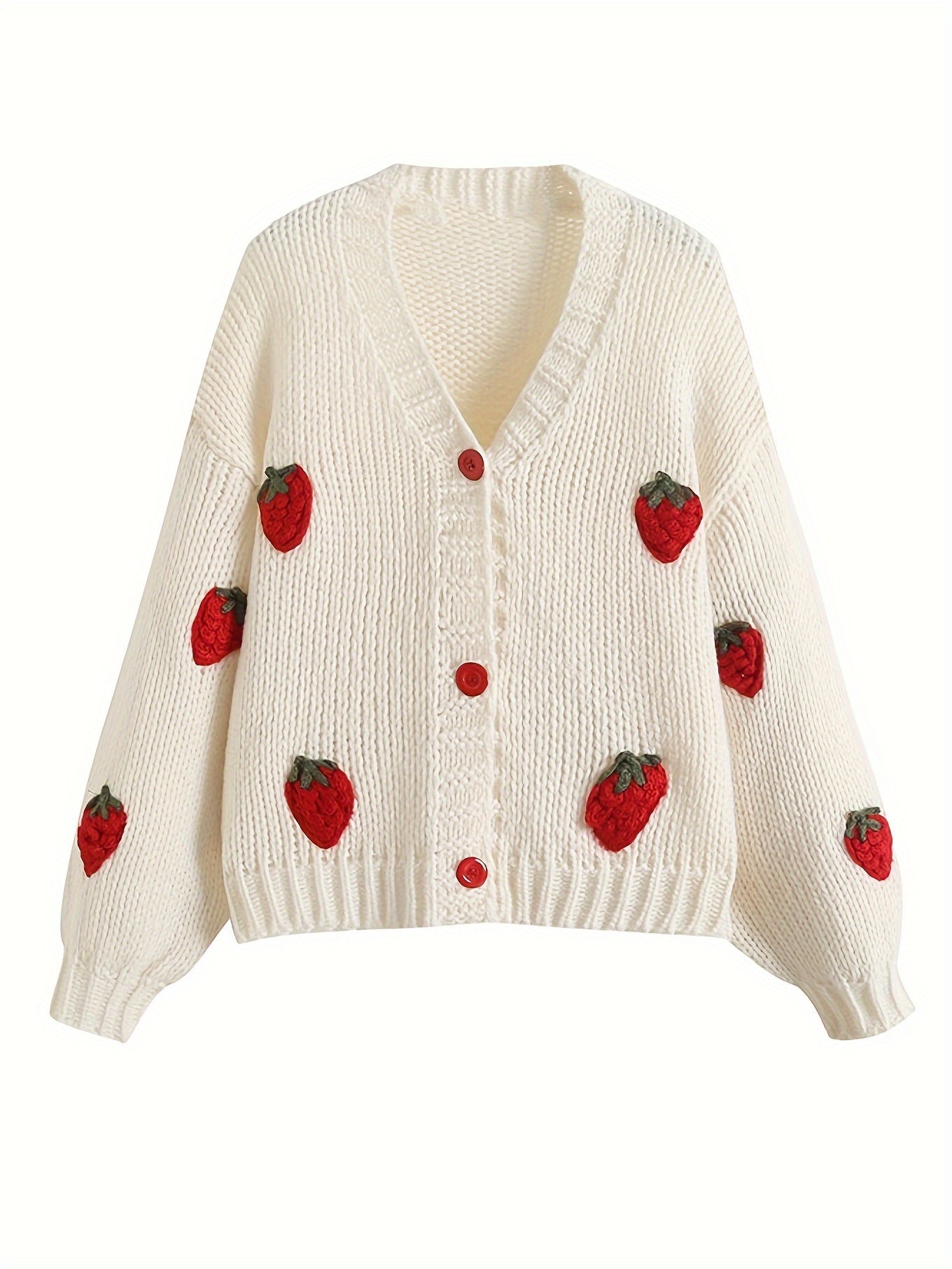 Strawberry Pattern Button Front Knit Cardigan, Cute V Neck Long Sleeve Sweater, Women's Clothing