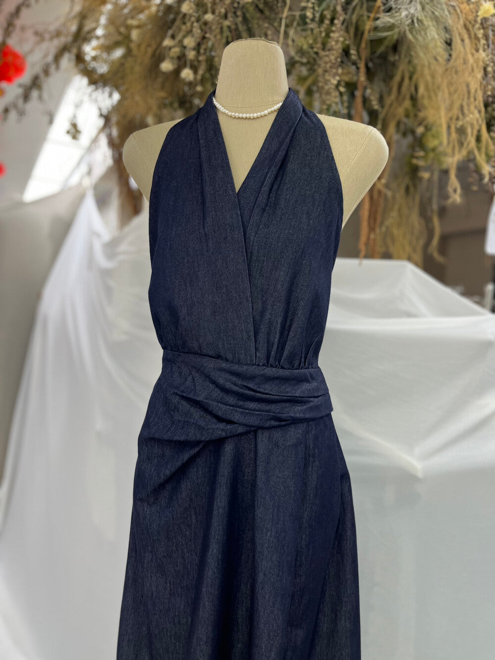 Women's Dark Navy Denim Halter Neck Wrap Ruched Maxi Dress Sleeveless Backless S M L MiniHey HH8230 - Seldom Seen Styles
