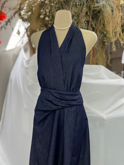 Women's Dark Navy Denim Halter Neck Wrap Ruched Maxi Dress Sleeveless Backless S M L MiniHey HH8230