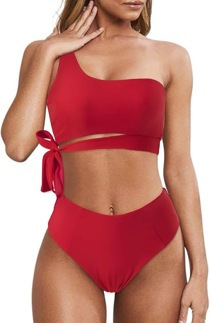 Women One Shoulder High Waisted Bikini Tie High Cut Two Piece Swimsuits - Seldom Seen Styles