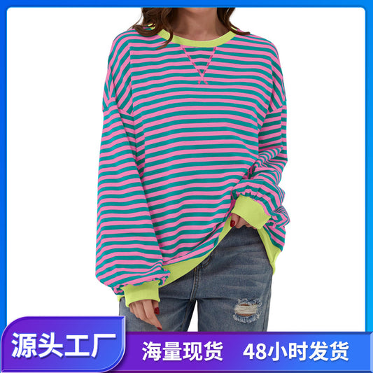 Womens Striped Oversized Sweatshirt Color Block Crew Neck Long Sleeve Casual Loose Pullover Top Y2K Clothes