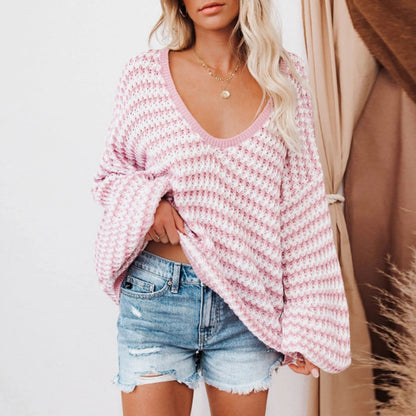 Autumn  Winter New Wave Striped Sexy Puff Sleeve Loose Knitted Sweater Pullover for Women