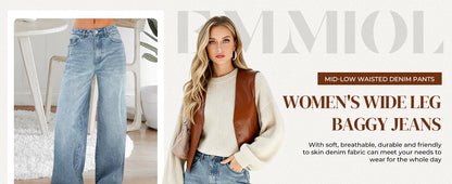 Women's 2025 Wide Leg Jeans Distress Mid Waist Denim Pants Vintage Y2K Trousers