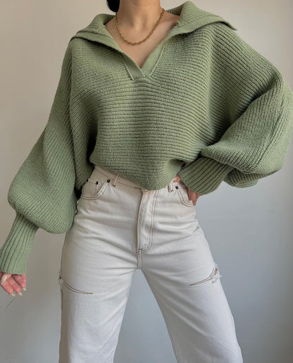 Fall/Winter Hot-Selling Lazy and Loose Lantern Sleeve Open Collar Pullover Women's Short Sweater